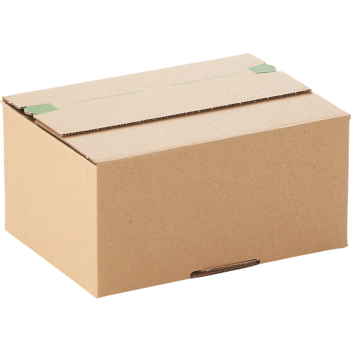 Brown rectangular cardboard box with slightly open lid, sealed green at the corners.