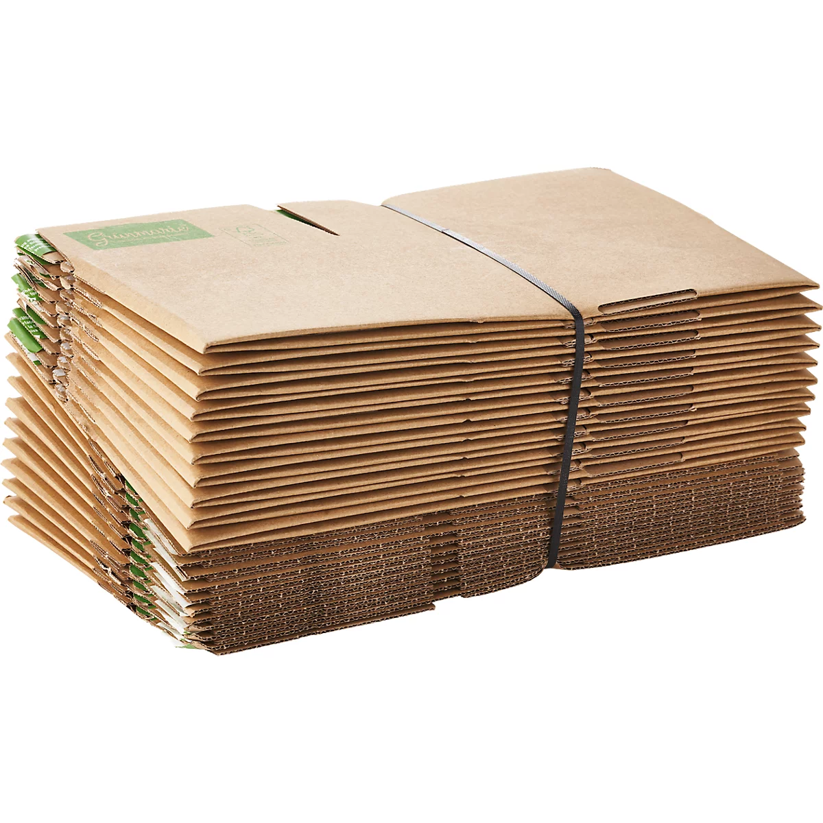 A stack of brown cardboard packaging, held together by a black rubber band.