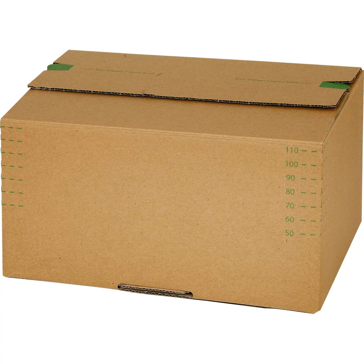 A brown cardboard box with a closed lid. On the side there are green markings with numbers.