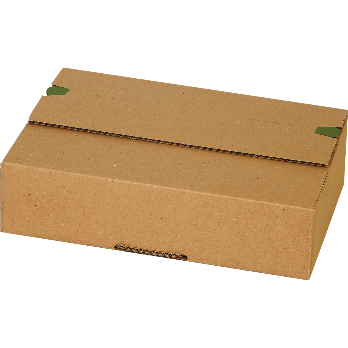 A rectangular cardboard box, closed with a lid. The tabs are secured with green tape.