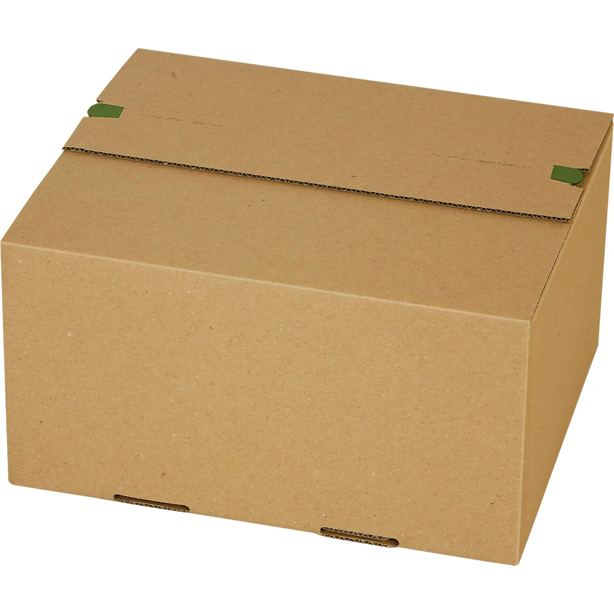 Brown cardboard box, partially closed. Green adhesive strips hold the lid together.