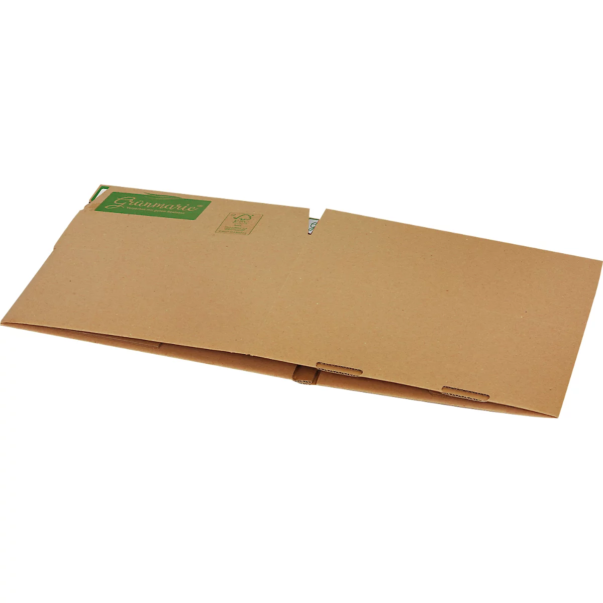 An open, brown shipping envelope with a green logo. Several tabs are provided for a tight closure.