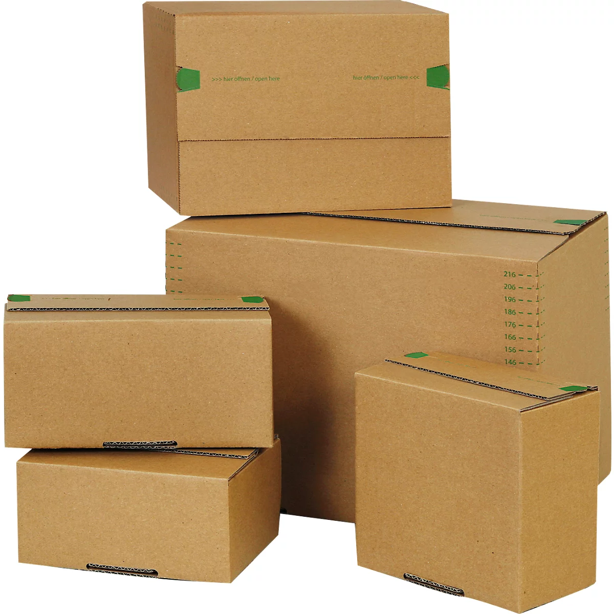 Several brown cardboard boxes, some stacked on top of each other, with green tape and markings.
