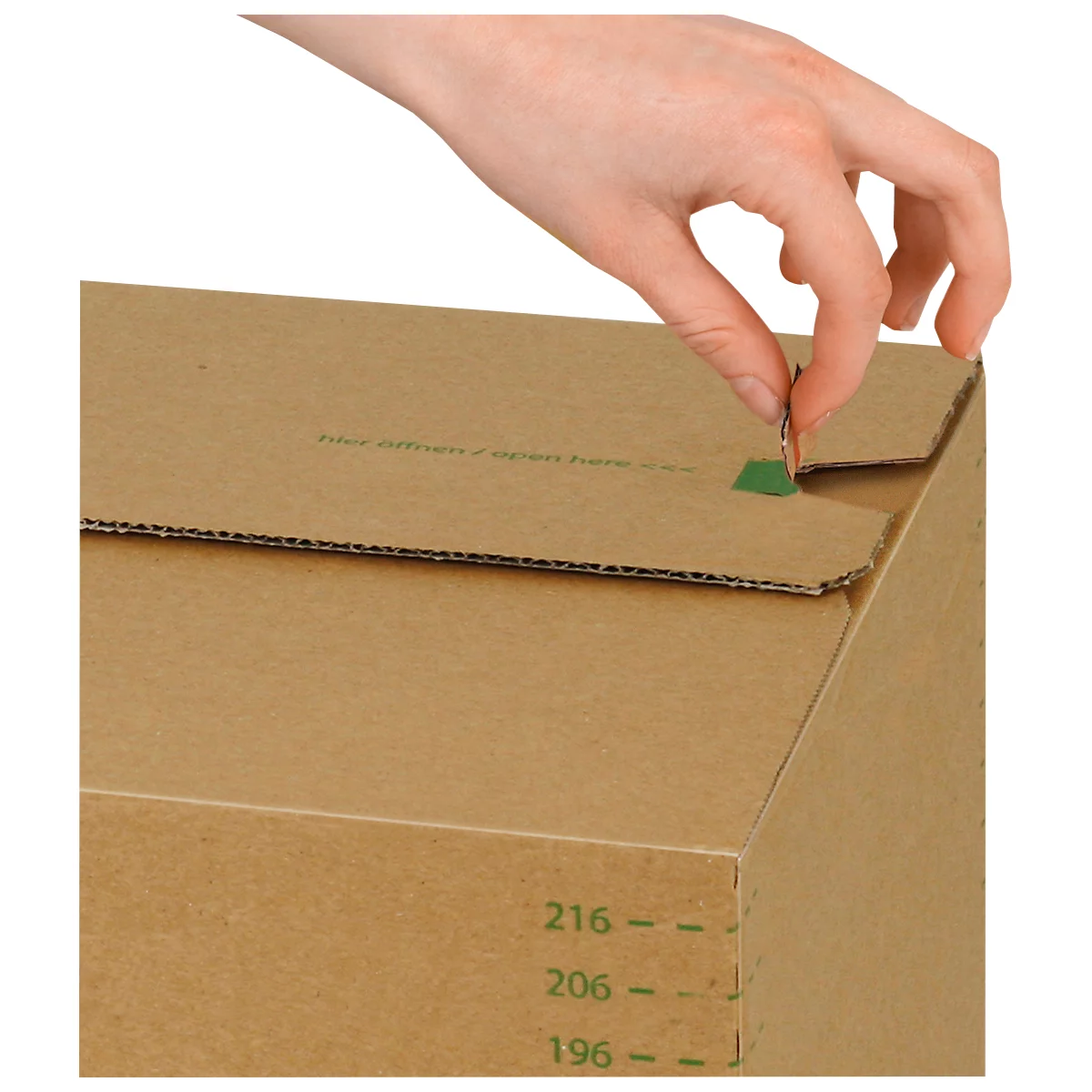 A hand opens a cardboard box. The box has green markings and lettering.
