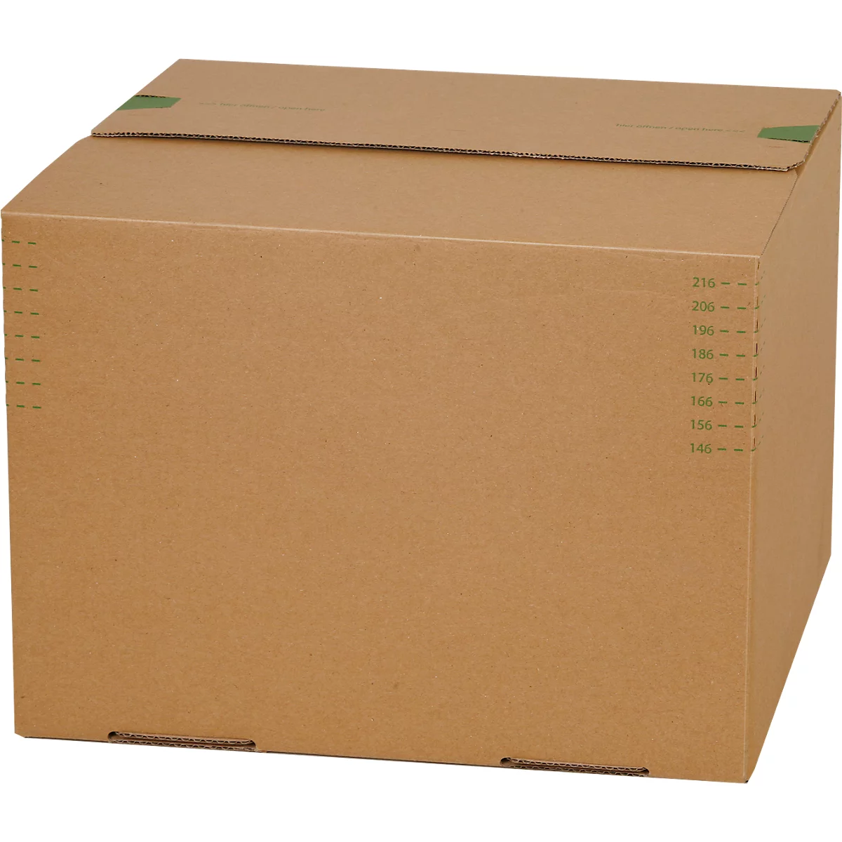 A brown, square cardboard box. Green measurement units are printed on the side.