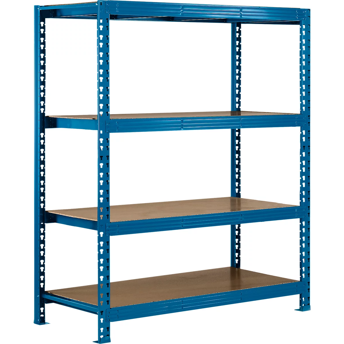 Blaues Metallregal mit vier Regalböden aus Holz.