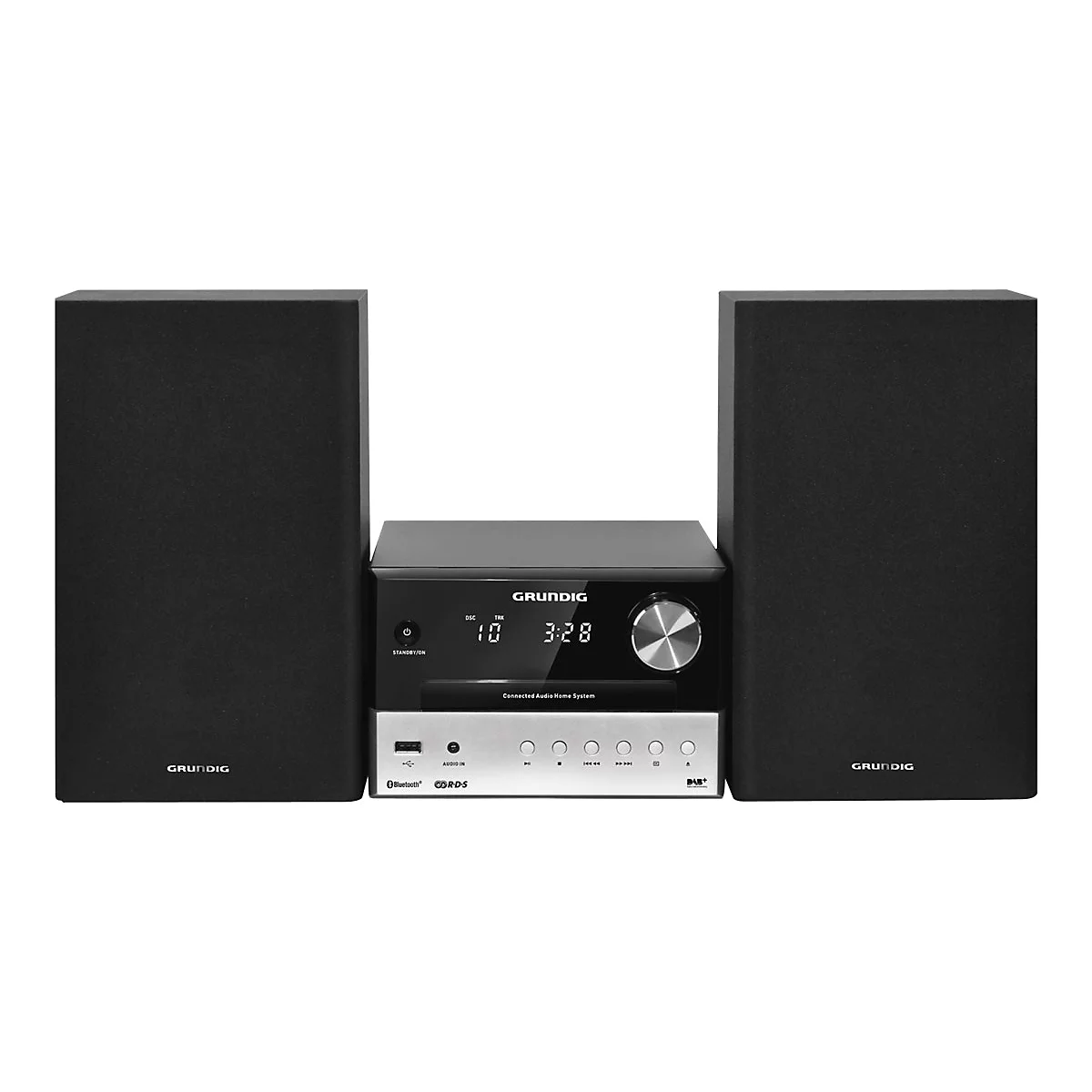 Grundig Kompaktanlage mit zwei schwarzen Lautsprechern und zentralem Bedienelement vor weißem Hintergrund.