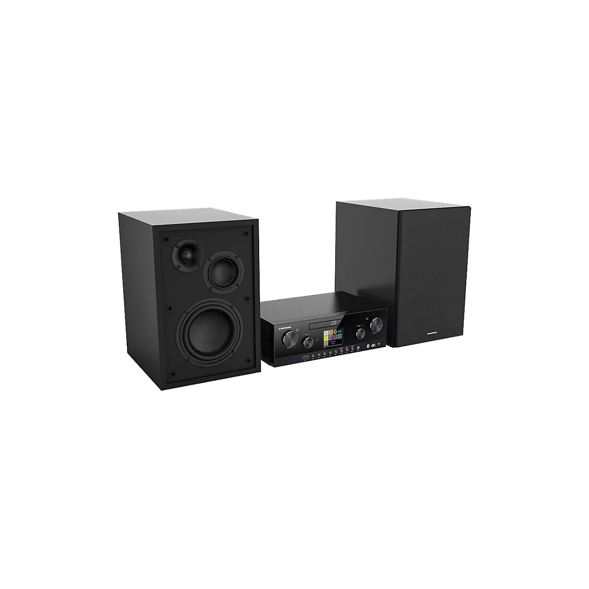 Schwarze Grundig Stereoanlage mit zwei Lautsprechern und zentraler Steuereinheit mit Display vor weißem Hintergrund.