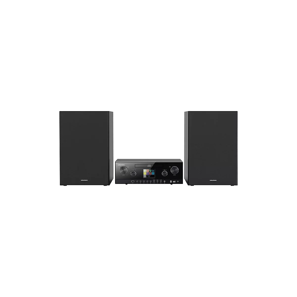 Schwarze Grundig Musikanlage mit zwei Lautsprechern und zentraler Steuereinheit mit Display vor weißem Hintergrund.