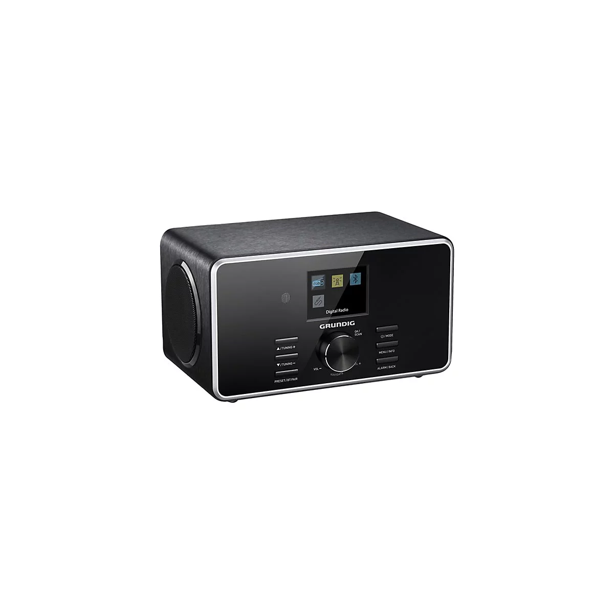 Schwarzes Digitalradio der Marke Grundig. Es hat ein Display, KnÃ¶pfe und einen Drehregler.