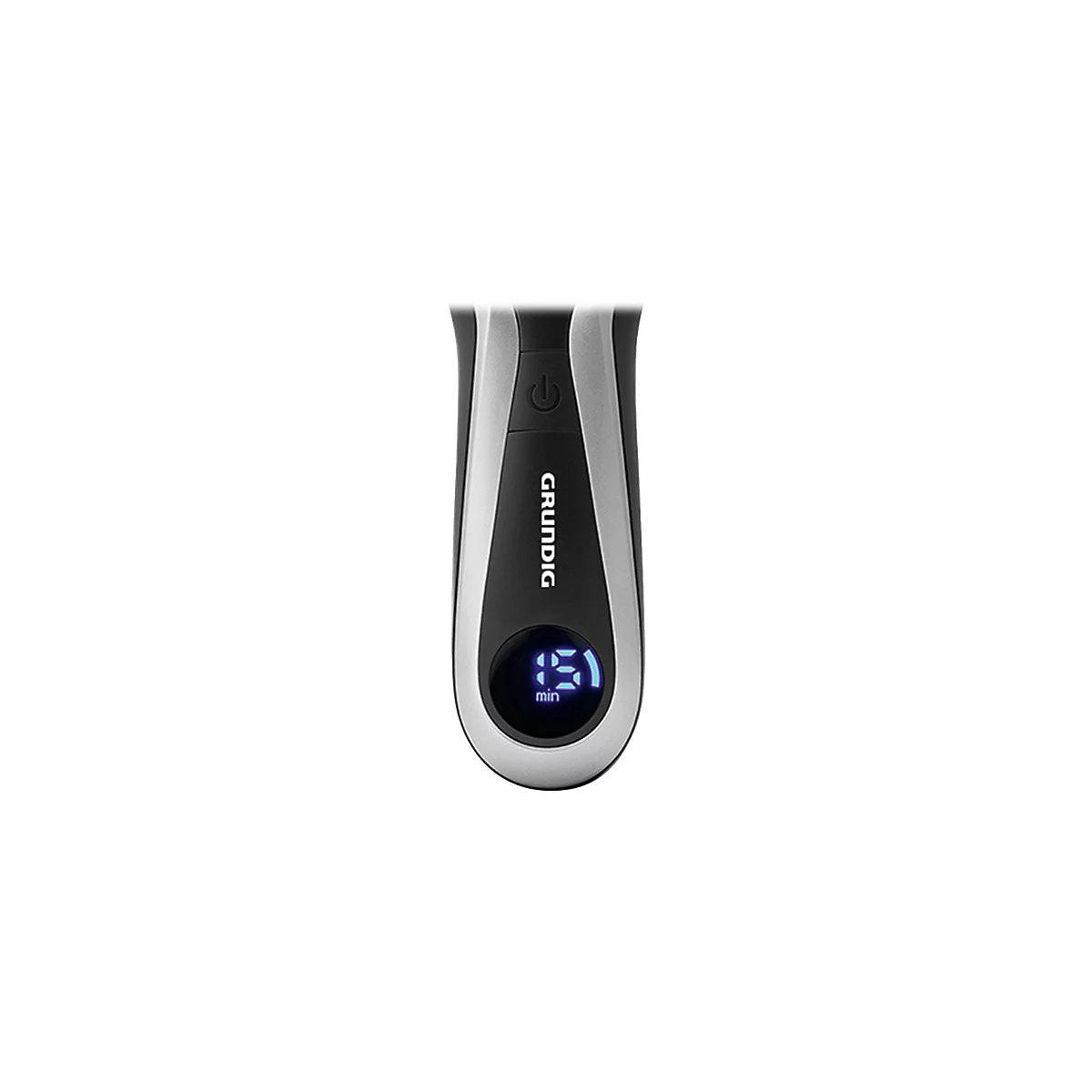 Nahaufnahme des Griffs eines schwarzen Grundig Rasierers mit silberner Umrandung und beleuchtetem LCD-Display.