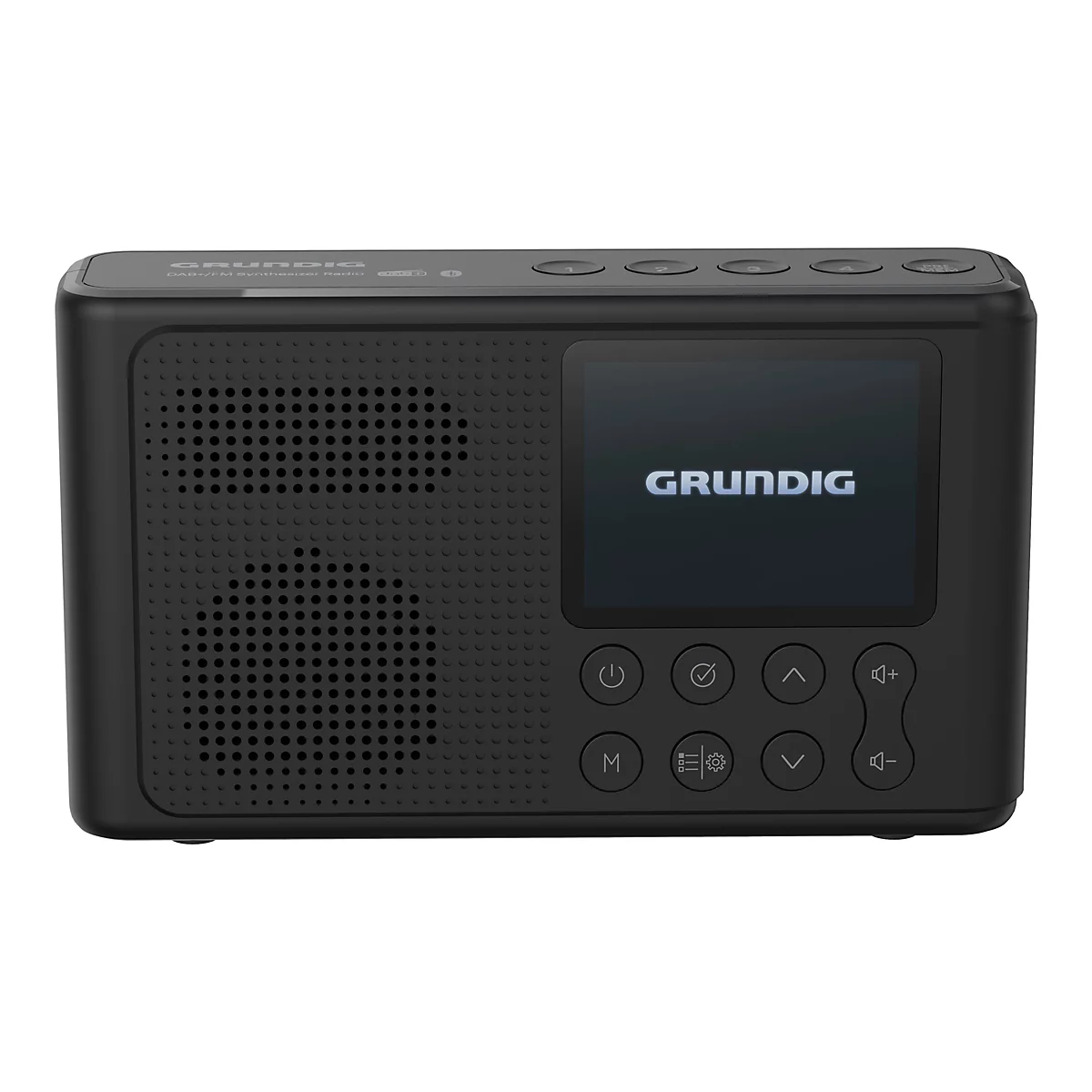 Schwarzes Grundig-Radio, Display mit Firmenlogo und BedienknÃ¶pfen.