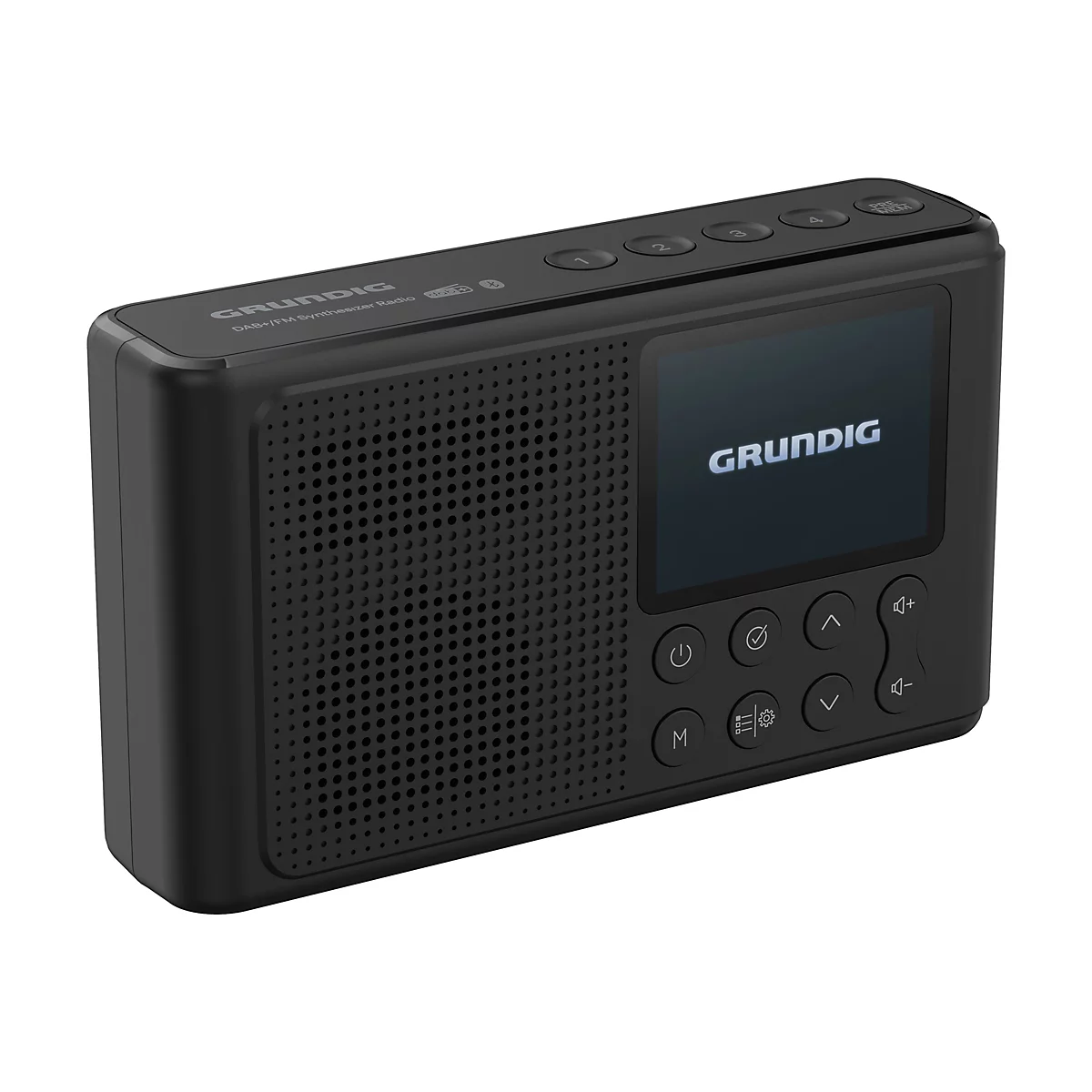 Schwarzes Grundig-Radio mit Display, Tasten und LautsprecherÃ¶ffnungen.