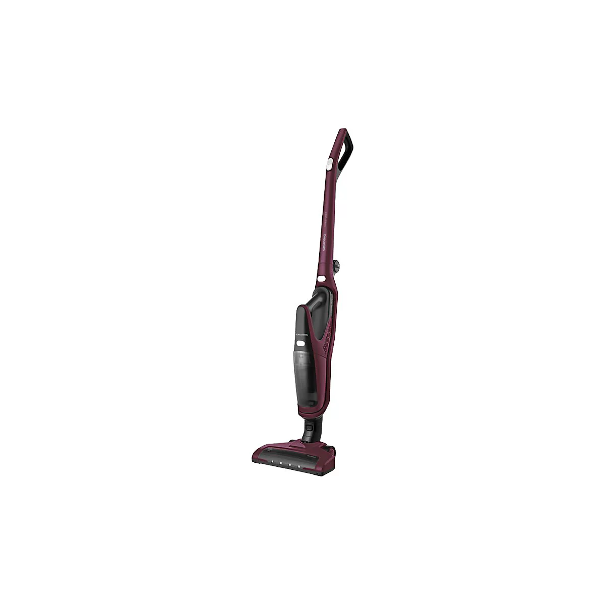 Dunkelroter, schlanker Akku-Stielstaubsauger von Grundig vor weißem Hintergrund.