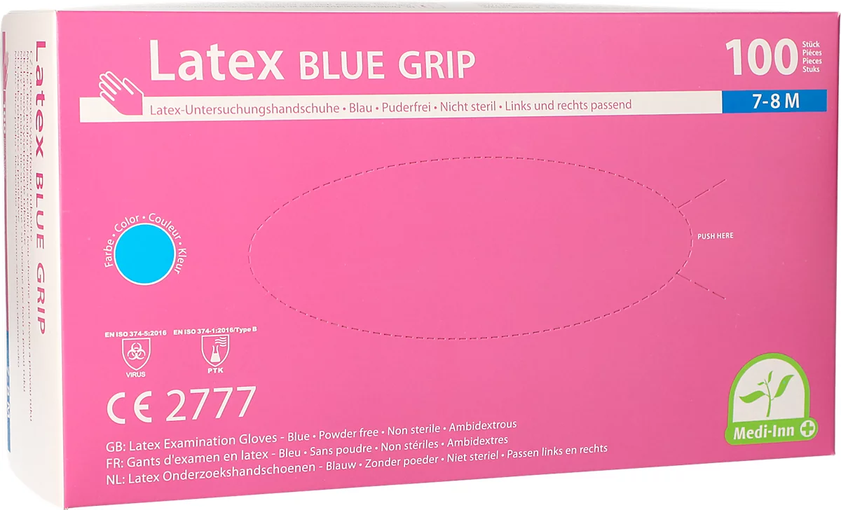 Guantes desechables Medi-Inn® PS Latex Blue Grip, para izquierda/derecha, sin polvo, no estériles, aptos para alimentos, talla M, látex natural, azul, 100 unidades