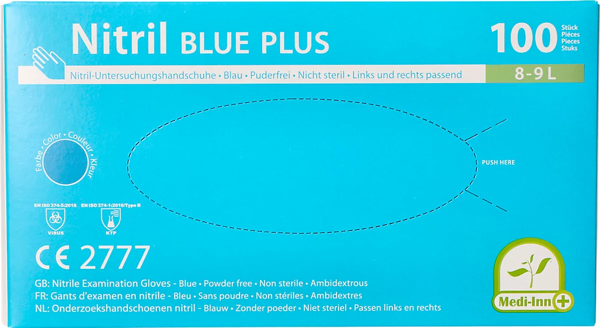 Guantes desechables Medi-Inn® PS Nitril Blue Plus, para izquierda/derecha, sin polvo, no estériles, aptos para alérgicos, talla L, nitrilo, azul, 100 unidades
