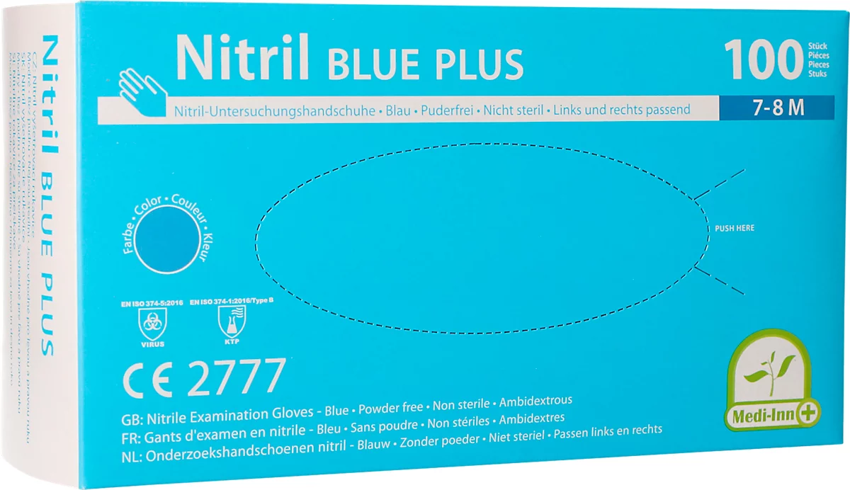 Guantes desechables Medi-Inn® PS Nitril Blue Plus, para izquierda/derecha, sin polvo, no estériles, aptos para alérgicos, talla M, nitrilo, azul, 100 unidades