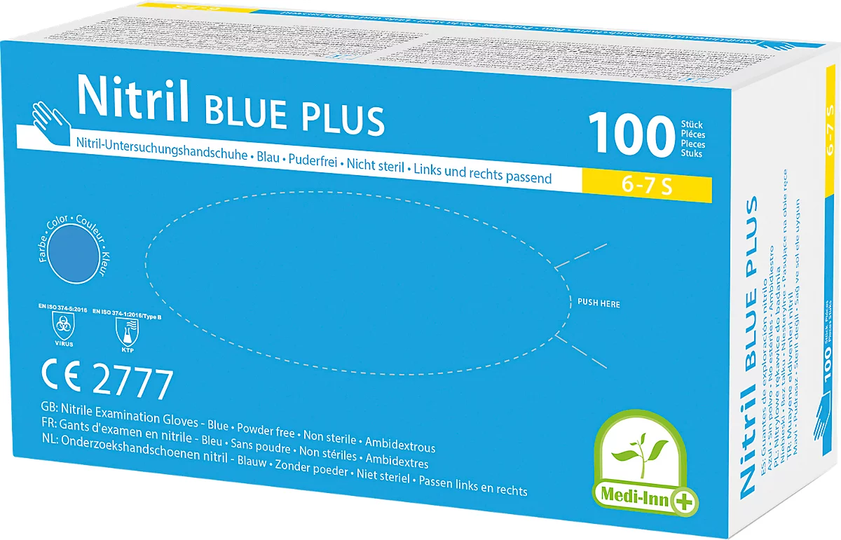 Guantes desechables Medi-Inn® PS Nitril Blue Plus, para izquierda/derecha, sin polvo, no estériles, aptos para alérgicos, talla S, nitrilo, azul, 100 unidades