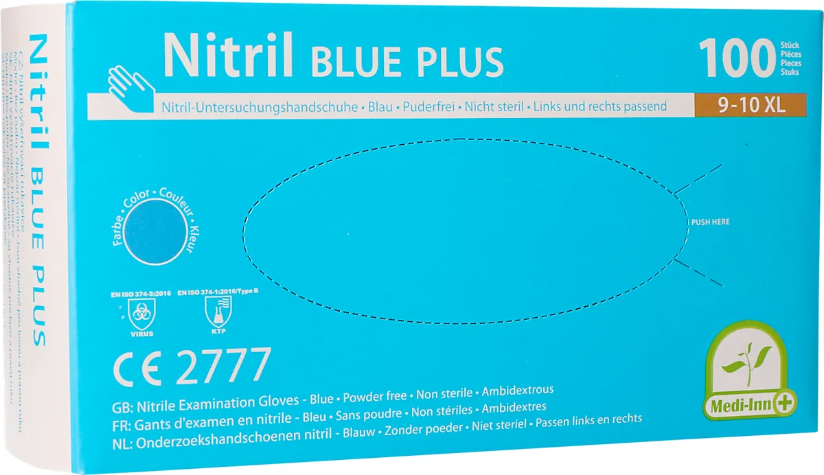 Guantes desechables Medi-Inn® PS Nitril Blue Plus, para izquierda/derecha, sin polvo, no estériles, aptos para alérgicos, talla XL, nitrilo, azul, 100 unidades