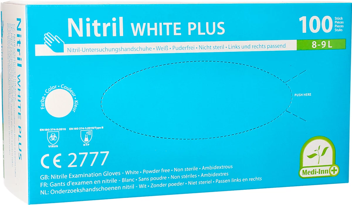 Guantes desechables Medi-Inn® PS Nitril White Plus, para izquierda/derecha, sin polvo, no estériles, aptos para alérgicos, talla L, nitrilo, blanco, 100 unidades