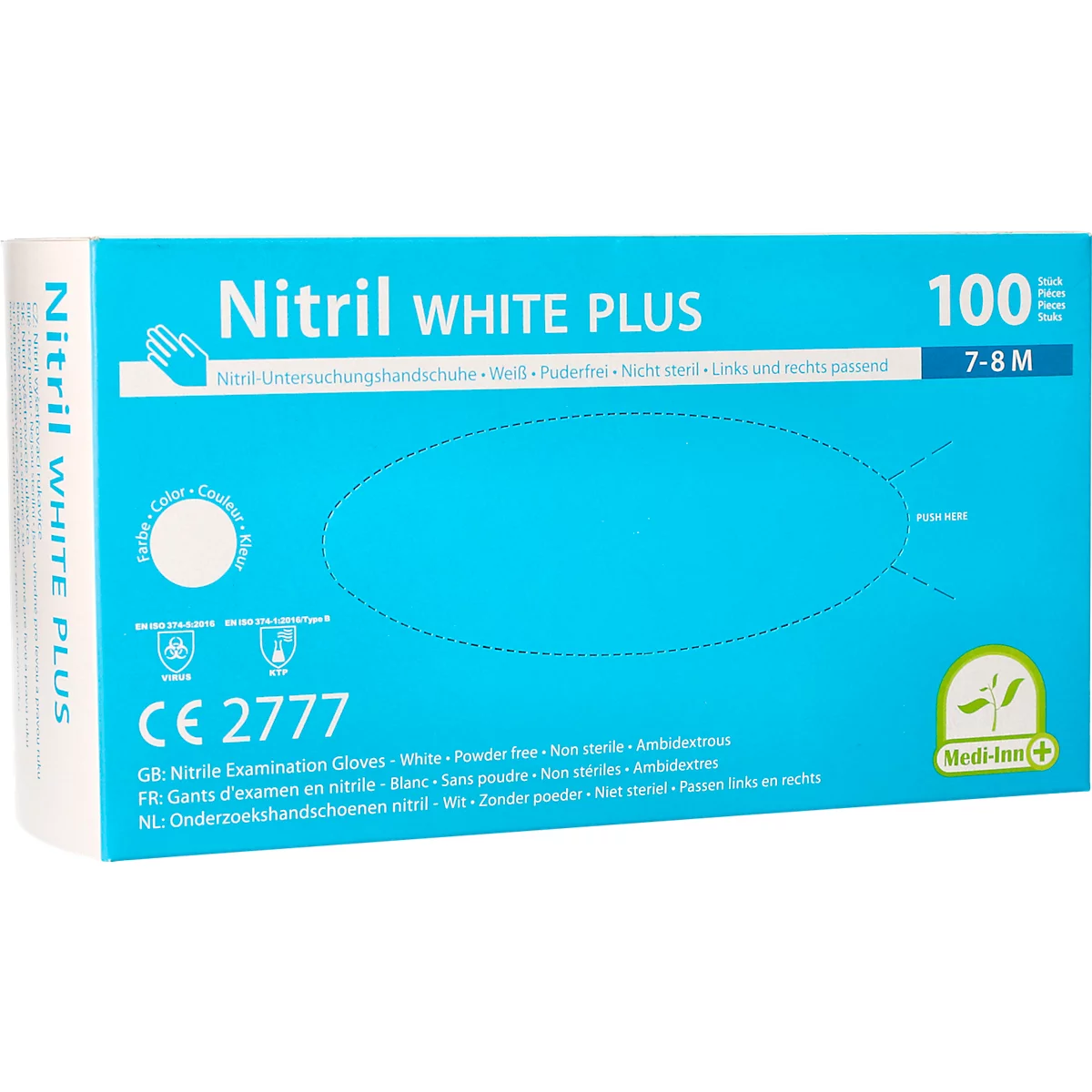 Guantes desechables Medi-Inn® PS Nitril White Plus, para izquierda/derecha, sin polvo, no estériles, aptos para alérgicos, talla M, nitrilo, blanco, 100 unidades