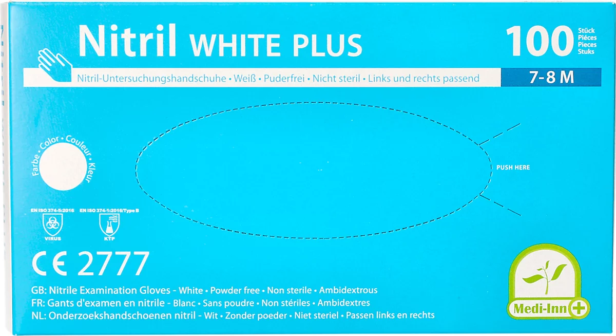 Guantes desechables Medi-Inn® PS Nitril White Plus, para izquierda/derecha, sin polvo, no estériles, aptos para alérgicos, talla M, nitrilo, blanco, 100 unidades