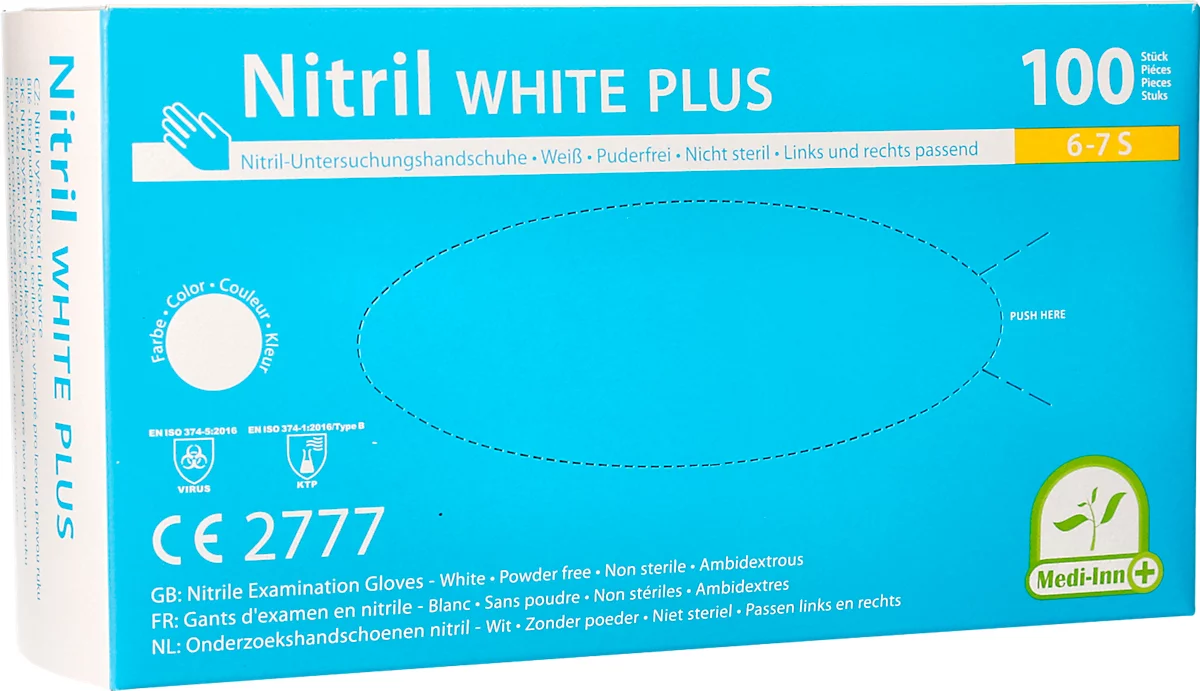 Guantes desechables Medi-Inn® PS Nitril White Plus, para izquierda/derecha, sin polvo, no estériles, aptos para alérgicos, talla S, nitrilo, blanco, 100 unidades