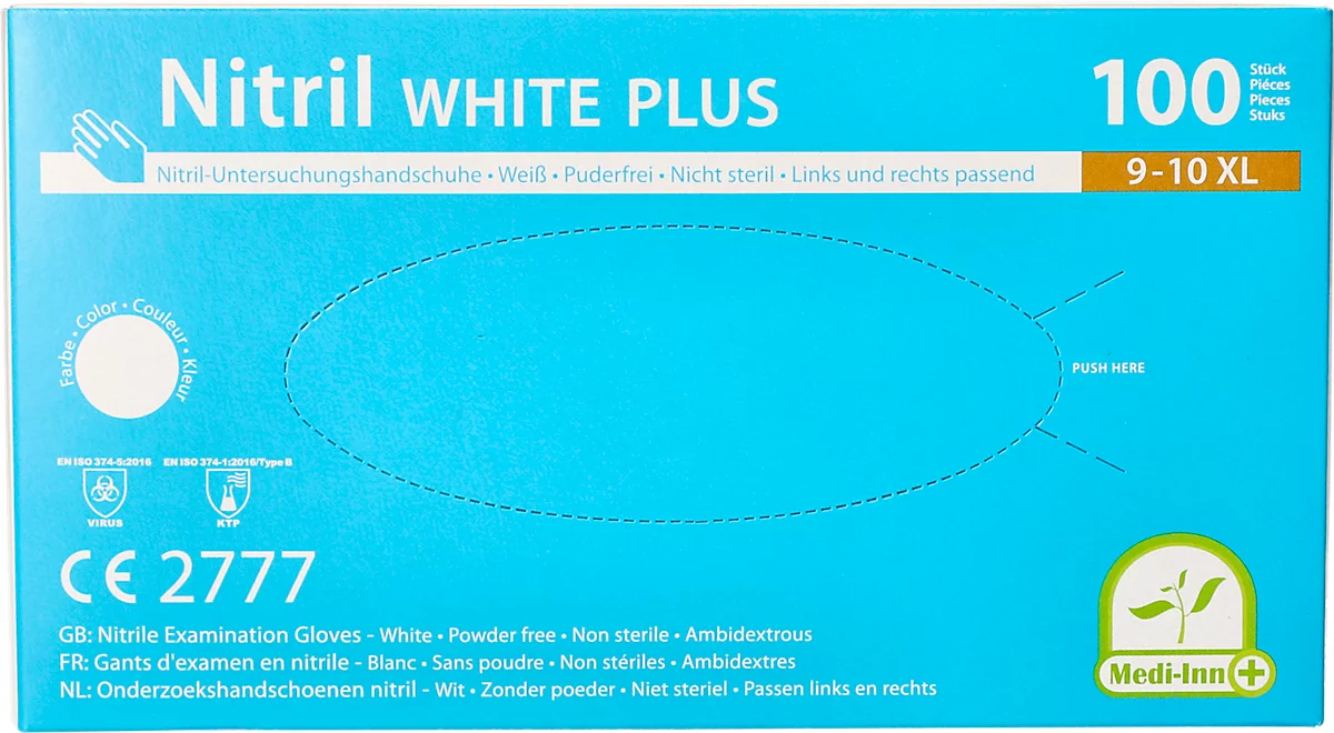 Guantes desechables Medi-Inn® PS Nitril White Plus, para izquierda/derecha, sin polvo, no estériles, aptos para alérgicos, talla XL, nitrilo, blanco, 100 unidades
