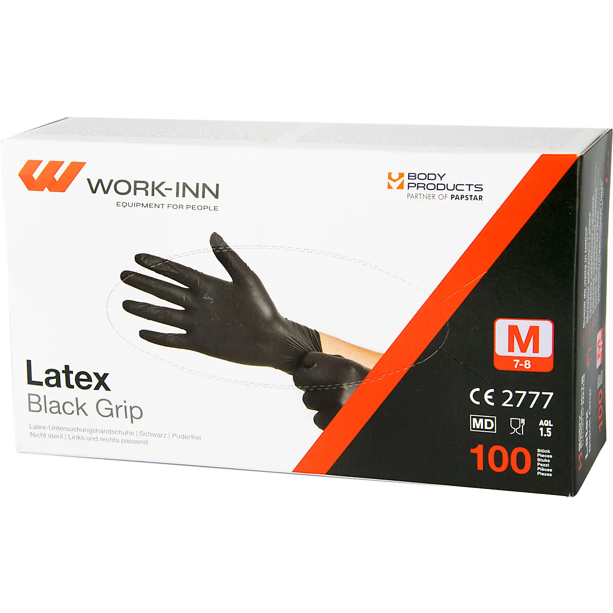 GUANTES DESECHABLES WORK-INN, para izquierda y derecha, sin polvo, no estériles, aptos para uso alimentario, talla M, látex natural, negro, 100 uds.