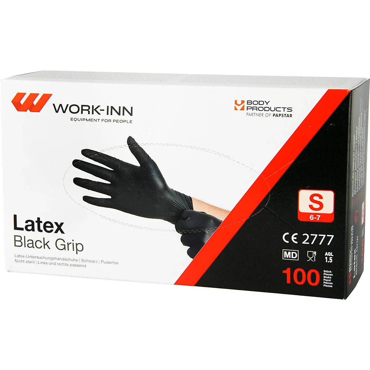 GUANTES DESECHABLES WORK-INN, para izquierda y derecha, sin polvo, no estériles, aptos para uso alimentario, talla S, látex natural, negro, 100 uds.