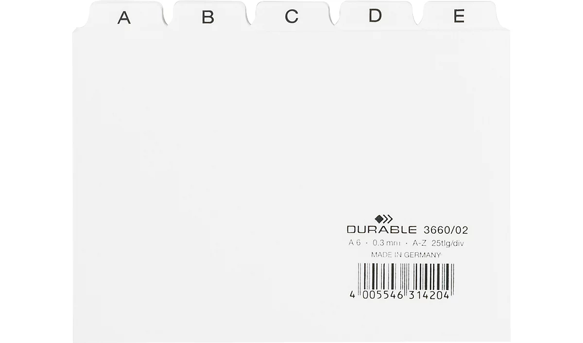 Guías de tarjetas con pestaña DURABLE, DIN A6, letras A-Z, plástico, blanco