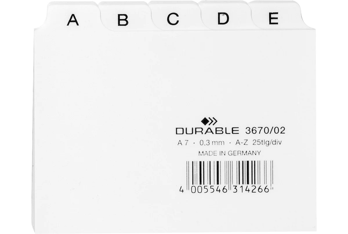 Guías de tarjetas con pestaña DURABLE, formato DIN A7, letras A-Z, plástico, blanco
