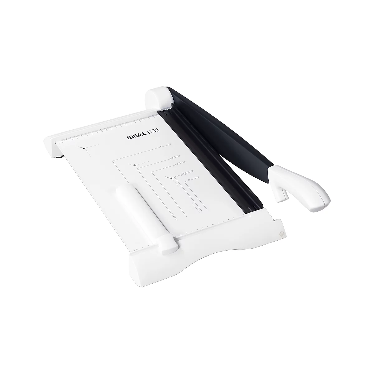 A white paper cutter with a black cutting arm, paper size indications, and the inscription IDEAL 1133.