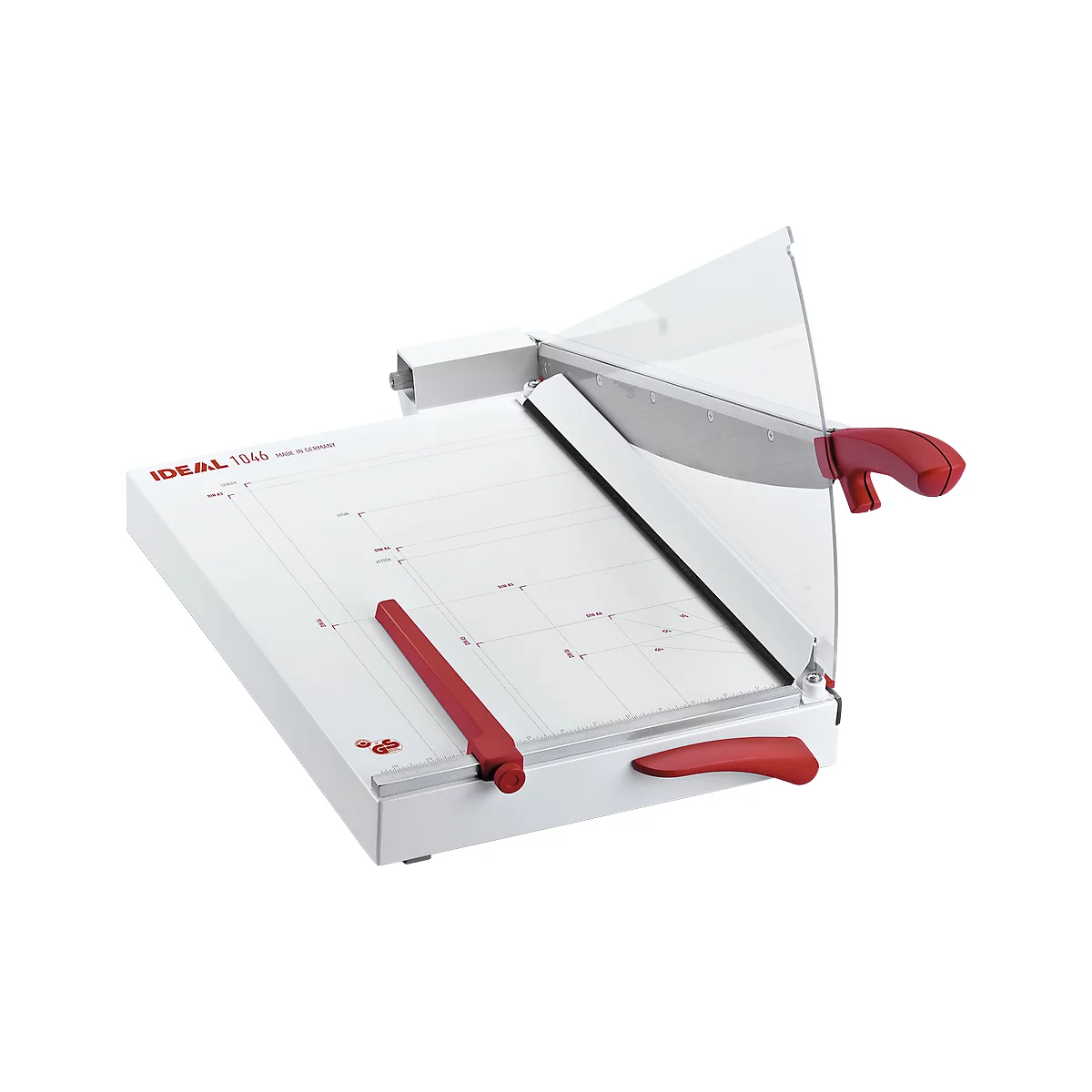 White paper cutter with red blade and handle, transparent protective shield, and IDEAL 1046 print.