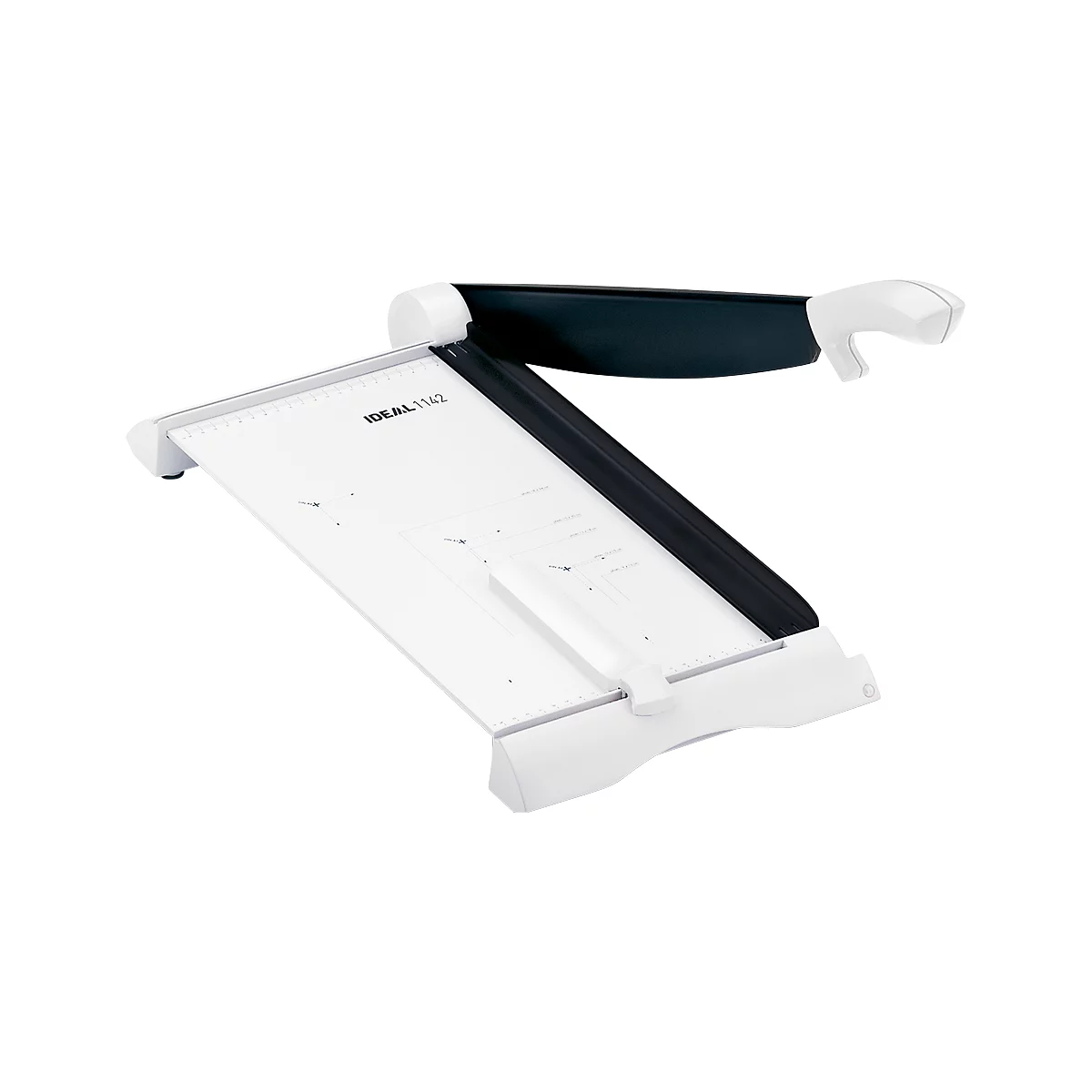 White paper cutter. Black handle and blade. Measurements are printed on the base plate. Lettering IDEAL 1142.
