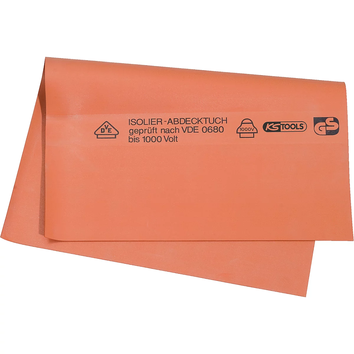 Orangenes Isolier-Abdecktuch, gefaltet. Text: 'ISOLIER-ABDECKTUCH', 'geprüft nach VDE 0680 bis 1000 Volt'. Logos von 'KSTOOLS' und 'GS'.