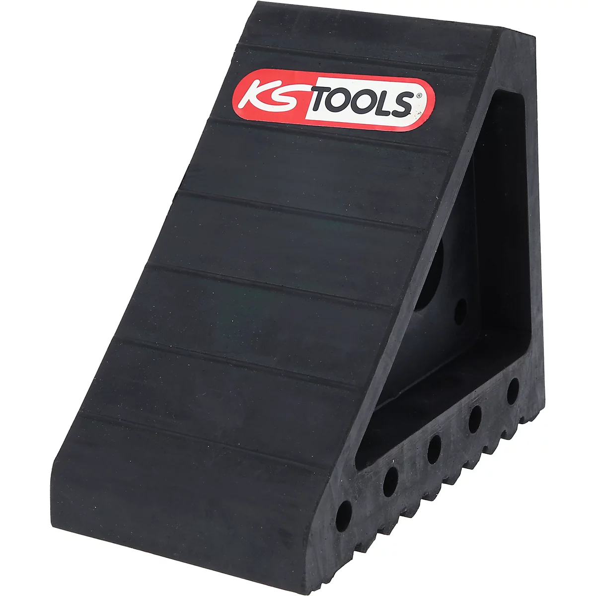Schwarzer Unterlegkeil mit Logo KS TOOLS. Der Keil hat horizontale Rillen und eine gezahnte Unterseite.