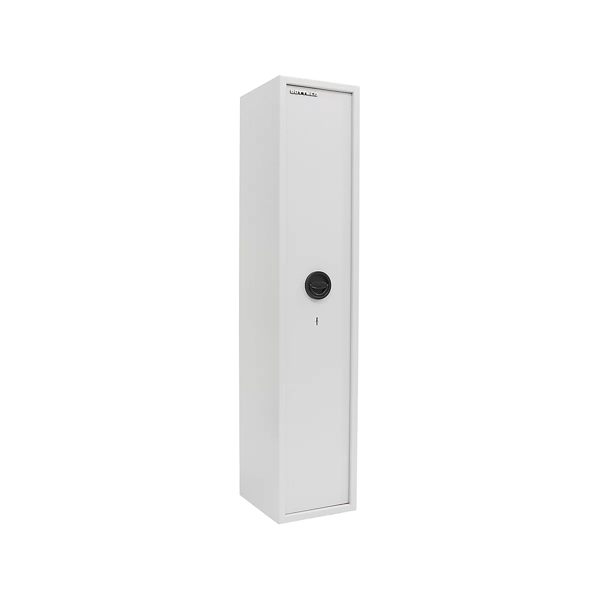 White gun safe, tall, narrow shape, black round lock, company logo on top.