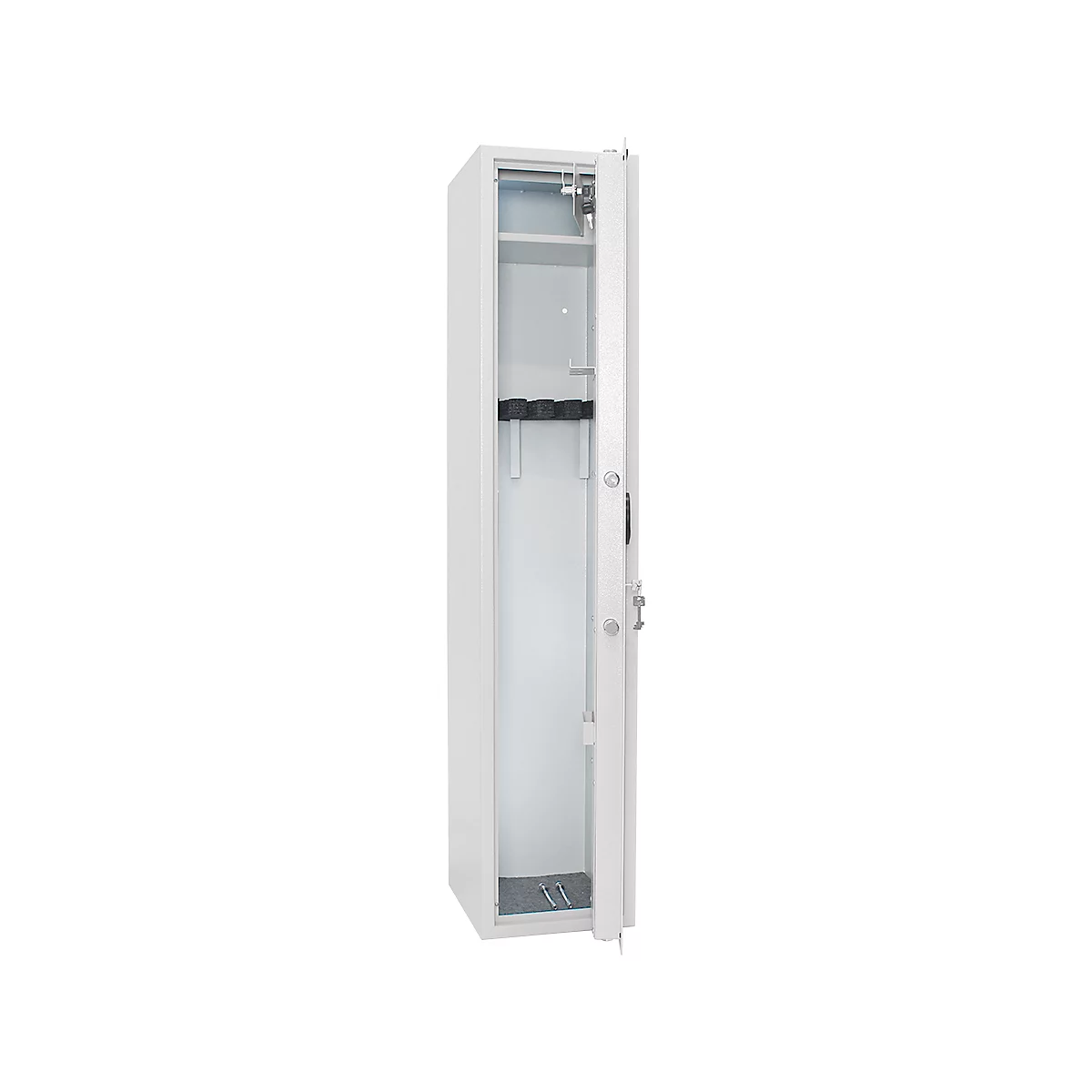Open white gun safe with gun holders. The door is open.