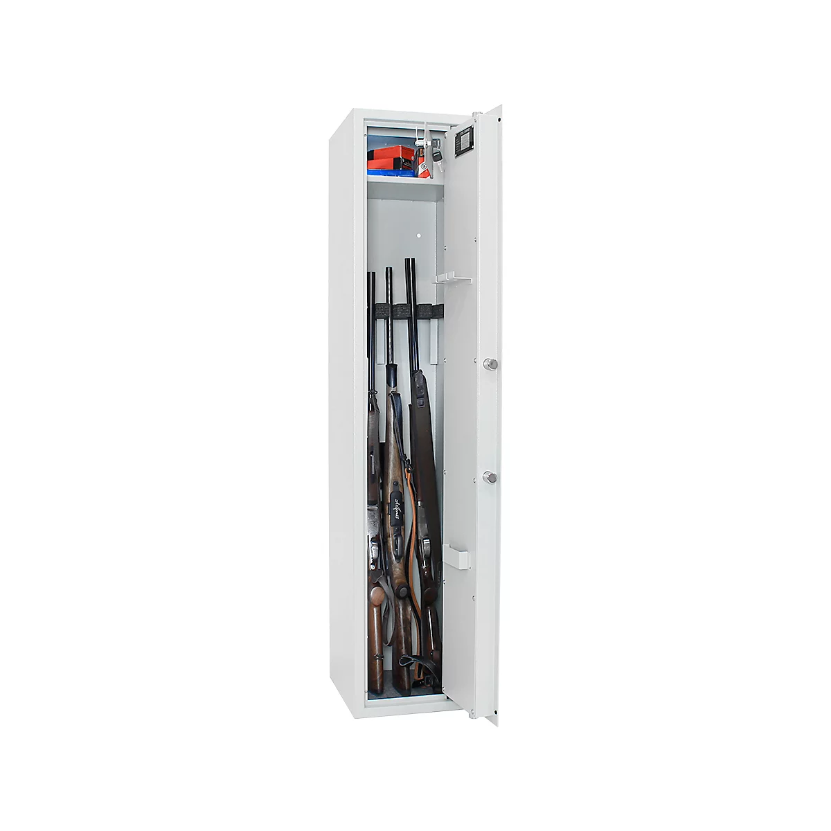 Opened gun safe with rifles inside. The door is open.