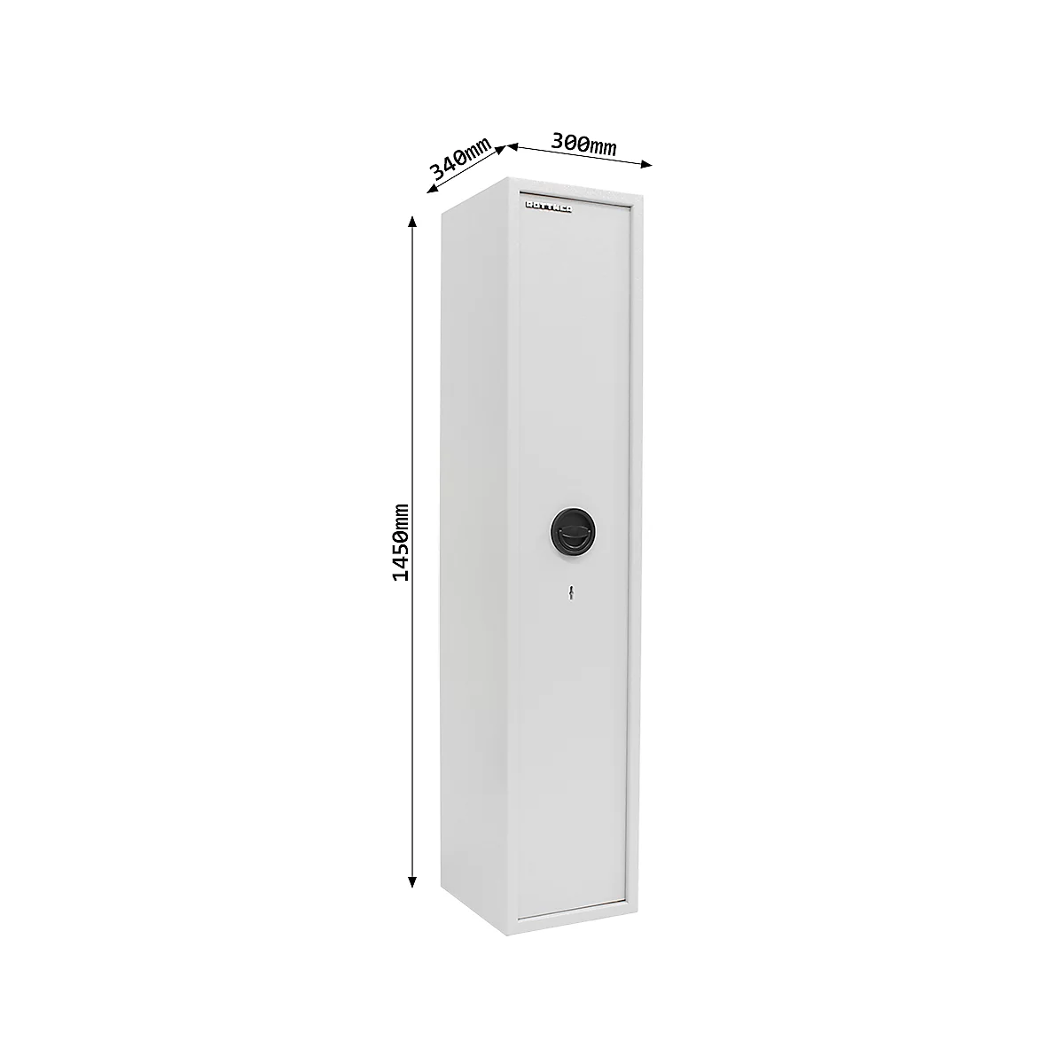 White gun safe, dimensions: 1450mm high, 340mm wide and 300mm deep, with rotary lock.