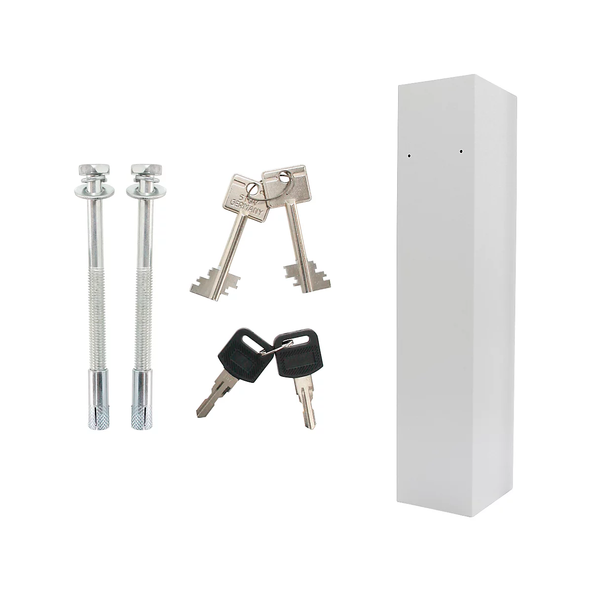 White column element, screws, silver and black keys on white background.