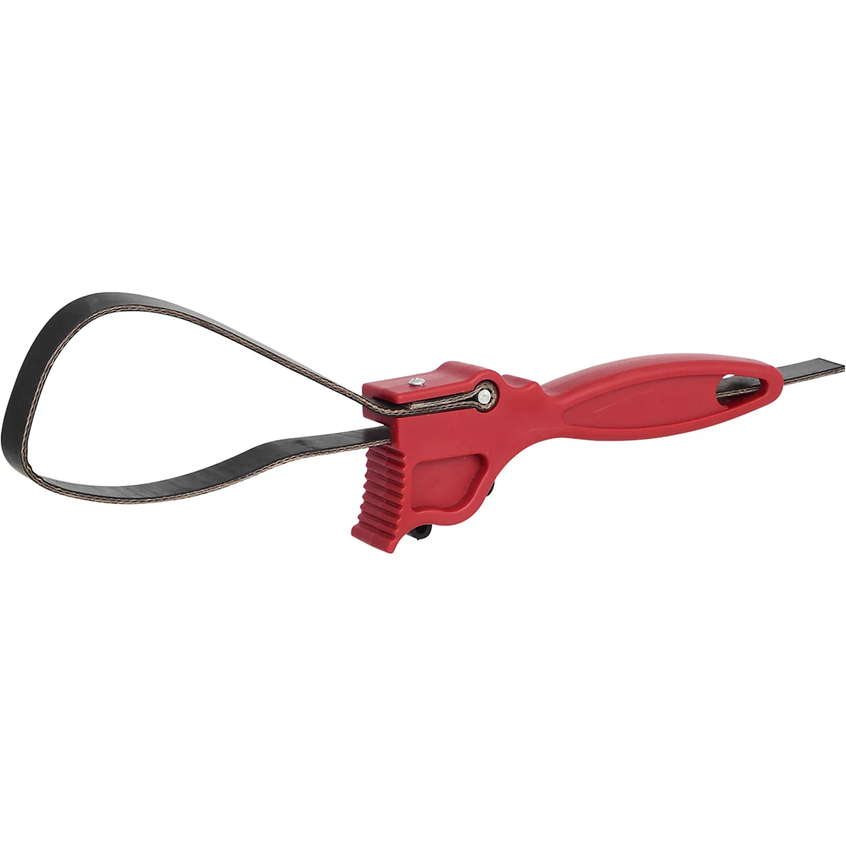 Ein rotes Werkzeug mit schwarzem Gurt. Es wird verwendet, um Filter zu entfernen.