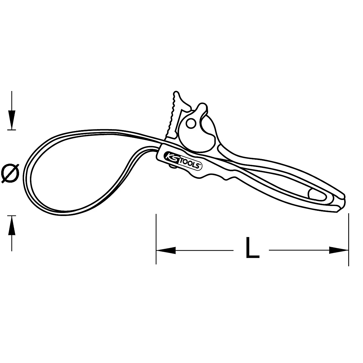 Skizze eines Öldruckschlüssels mit den Maßangaben Durchmesser (Ø) und Länge (L). Auf dem Griff steht 'KS TOOLS'.