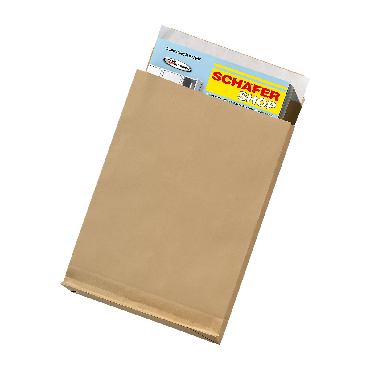 A brown envelope with a brochure sticking out, bearing the words "SCHAFER SHOP".