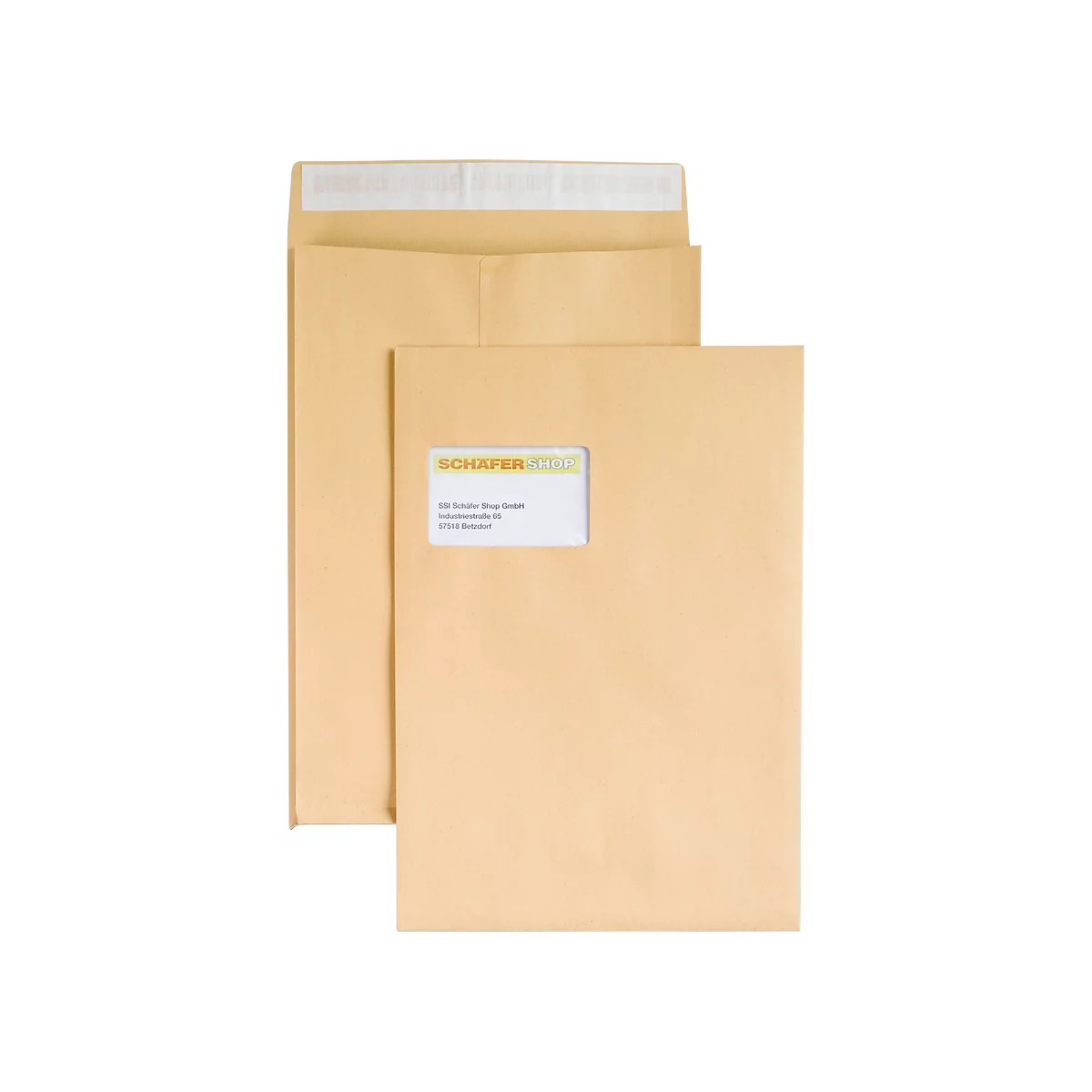 Three brown envelopes, one open, with address window and the inscription "SCHAFER".