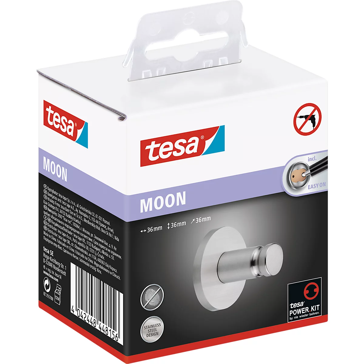Haak tesa Moon, bevestiging zonder boren, incl. kleefoplossing, verwijderbaar, roestvrijstalen look