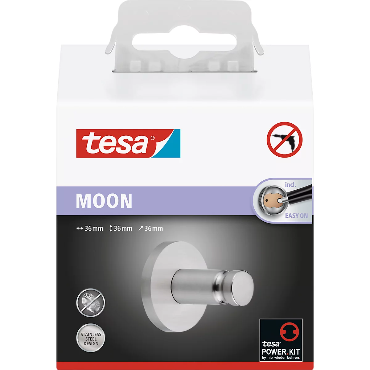 Haak tesa Moon, bevestiging zonder boren, incl. kleefoplossing, verwijderbaar, roestvrijstalen look