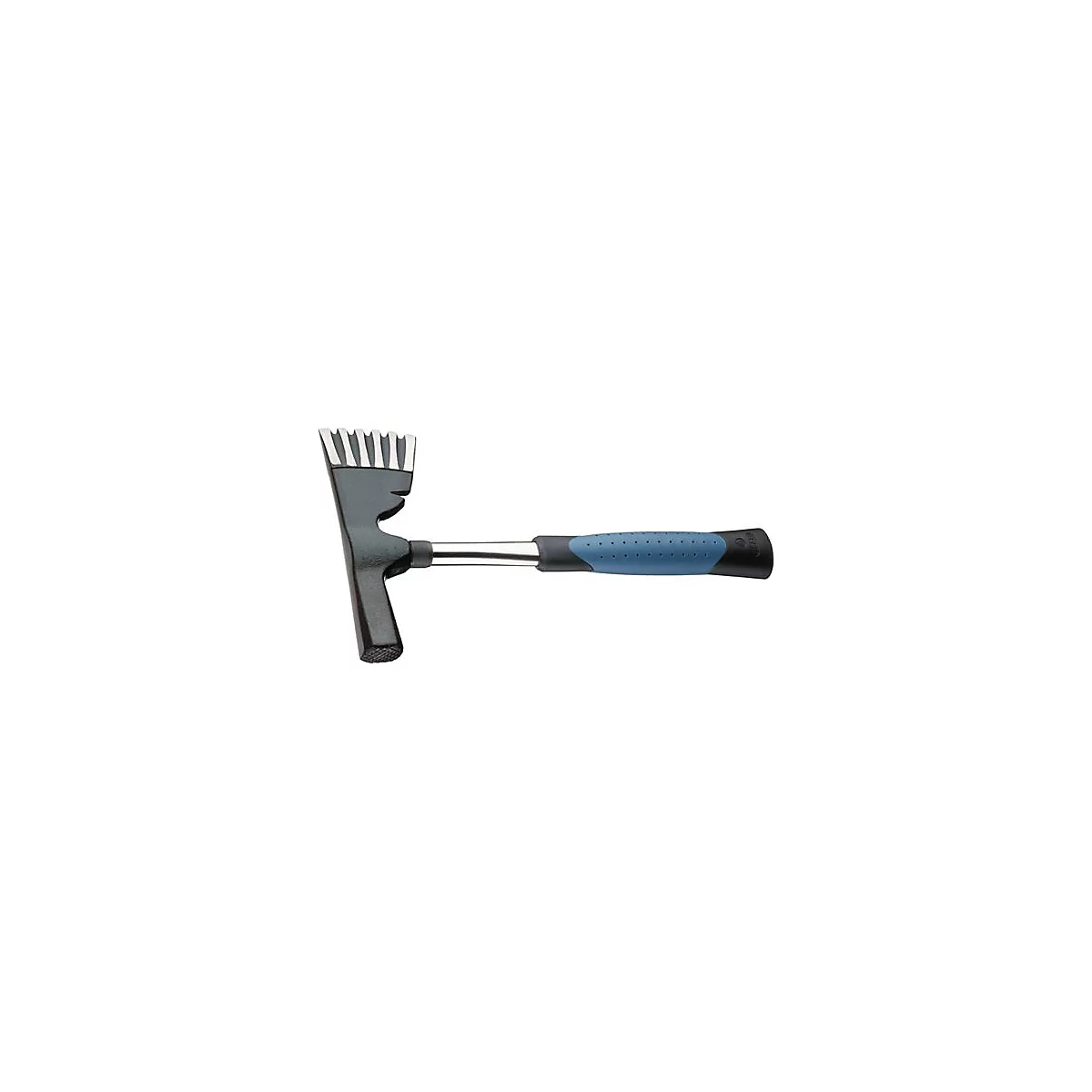 Un marteau avec une tête noire et une poignée bleue fixée à une tige métallique.