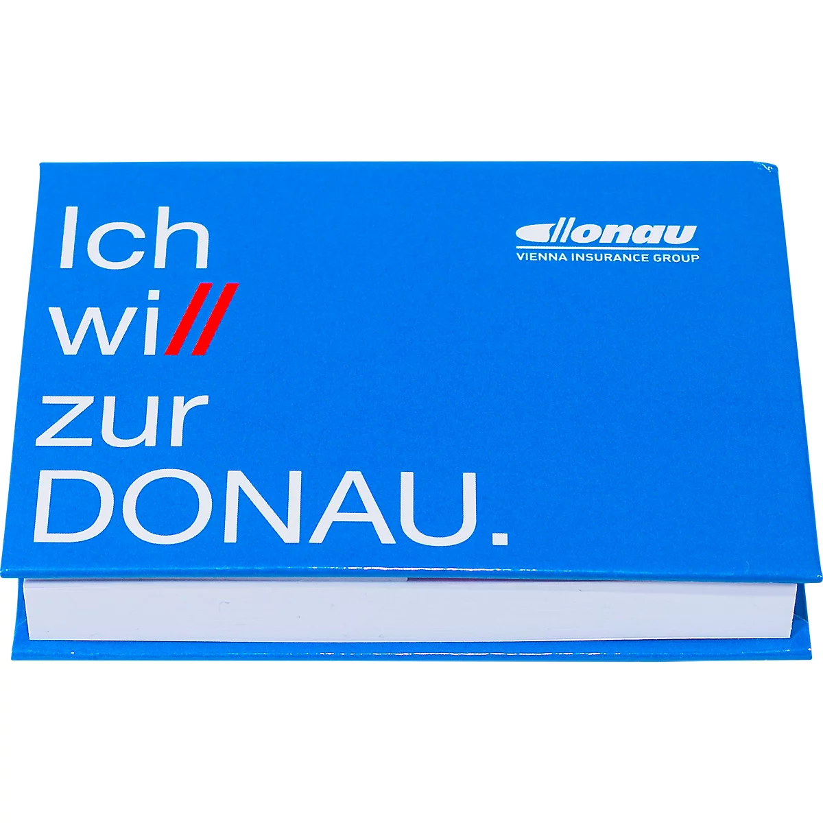Blaues Notizbuch mit Text 'Ich will zur DONAU' und Logo. Darunter ein weißer Block.